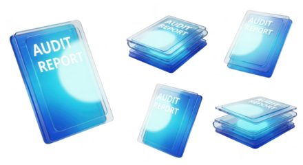 5 audit reports displayed on a clean white background with blue transparency showing financial data for business use