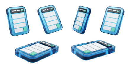 Blue digital devices float on a white background They're shown from multiple angles suitable for tech design or advertisement