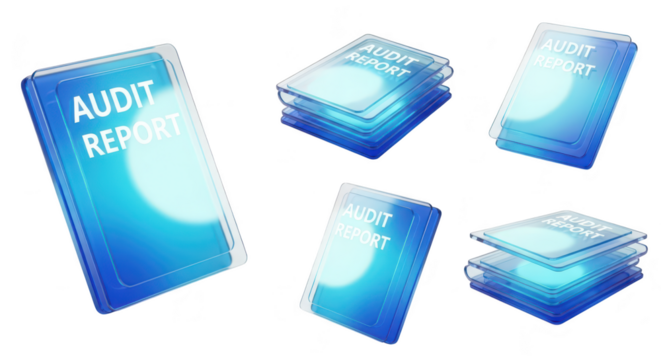 5 audit reports displayed on a clean white background with blue transparency showing financial data for business use