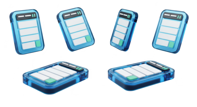 Blue digital devices float on a white background They're shown from multiple angles suitable for tech design or advertisement