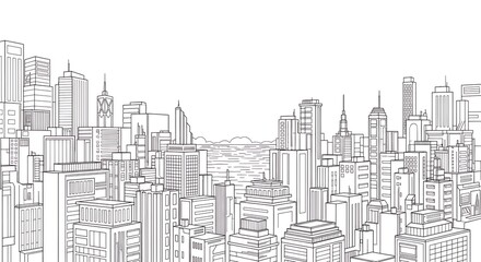 Fototapeta premium Monochrome line drawing presents an expansive view of the New York City skyline, including numerous towering buildings, skyscrapers, and waterfront background details nyc, skyline, architecture, build