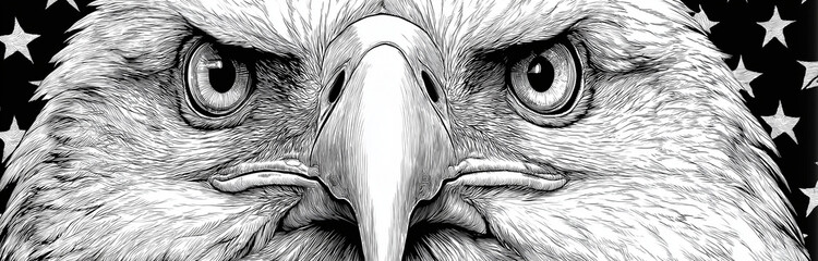 Detailed black and white drawing of an eagle with stars in background © Maryam