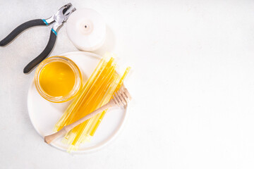 Homemade honey sticks. Portable straws with golden honey, healthy organic treat