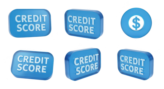 Collection of blue 3D Credit Score buttons with a dollar sign against a white backdrop suggesting financial decisions or assessment tools