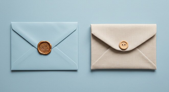 Correspondence Elegance: Two elegantly sealed envelopes, one in serene blue and the other in refined beige, rest on a backdrop, embodying the artistry of communication. 
