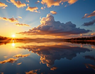 Serene Sunset Over Calm Lake with Dramatic Clouds and Reflections Beneath Sky