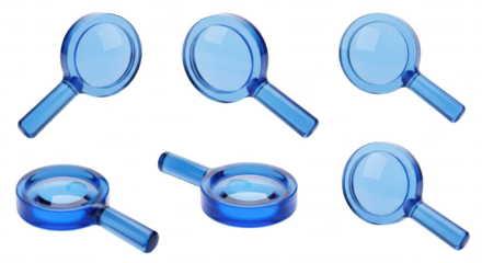 3D rendered blue magnifying glasses in different angles on a white background symbolizing search investigation or focus for web design or analysis