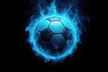 Fototapeta premium Soccer ball engulfed in blue flames on a dark background captures the intensity and passion of the game in a striking visual display