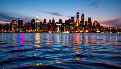 Breathtaking Evening Skyline View of New York City with Reflections on Water Surface