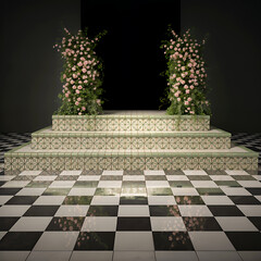 Symmetrical Floral Stage with Checkerboard Floor Design