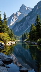 Serene Mountain View with Reflective Lake Surrounded by Evergreen Trees and Rocks