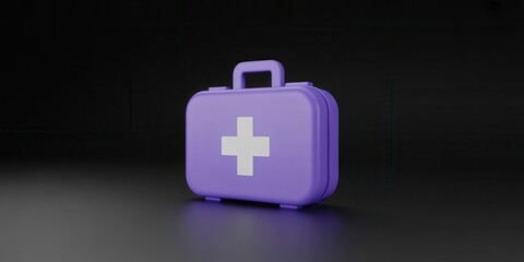 A purple first aid kit with a white cross sits on a dark surface