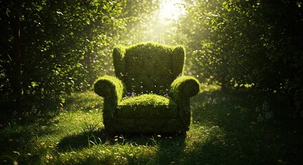 Enchanting armchair made of lush green moss, flowers, and sunlight in a magical forest setting