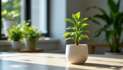 Bright Green Plant in White Pot on Table with Natural Light and Indoor Background