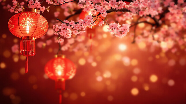 Chinese New Year Red Lantern and Cherry blossoms Background