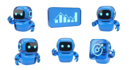 Blue robots presenting charts data analysis and target on a screen illustrating tech-driven business in a white studio
