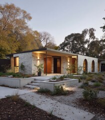 Obraz premium Modern home facade at dusk, stone and concrete, nestled amongst trees