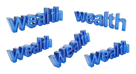Five blue 3D wealth texts isolated showing concept of financial prosperity on white background usable for finance visuals