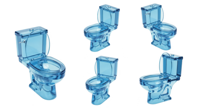 Transparent blue toilets arranged on white background for hygiene product design or illustration