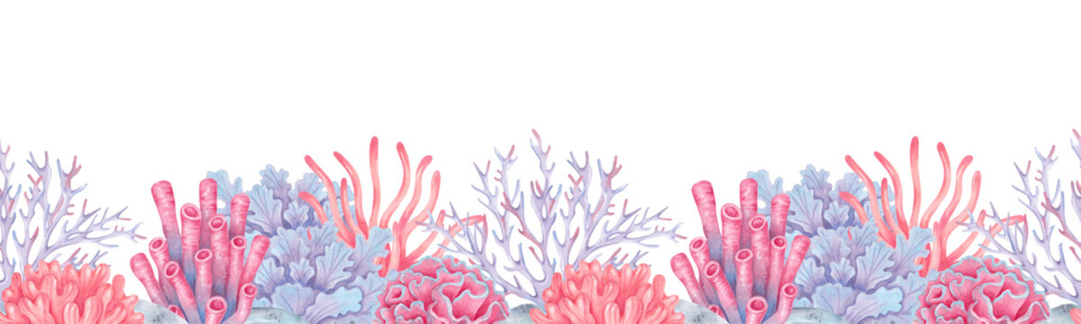 Sea corals, seaweed with stones. Seamless coral reef border. Watercolor and marker illustrations. Hand drawn isolated image. Underwater animals banner for kids room, shower, guidebook.