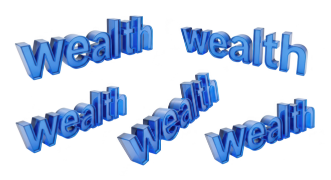 Five blue 3D wealth texts isolated showing concept of financial prosperity on white background usable for finance visuals