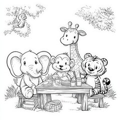 Obraz premium Playful Animal Friends Enjoying a Picnic in a Sunny Meadow