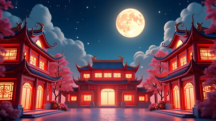 Night themed Mooncake festival banner illustration. To commemorate and celebrate the end of the autumn harvest ambience with Red Chinese building and moon with starry night as background.