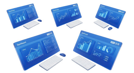 Data dashboards displayed on multiple computer screens showcasing analytics in a bright white environment ready for business presentations
