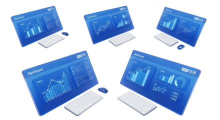 Data dashboards displayed on multiple computer screens showcasing analytics in a bright white environment ready for business presentations