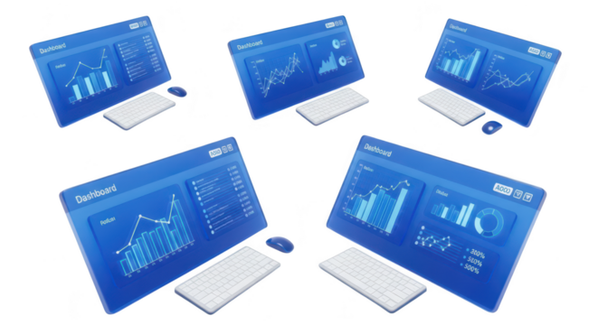 Data dashboards displayed on multiple computer screens showcasing analytics in a bright white environment ready for business presentations