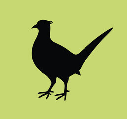 Pheasant. Black silhouette of pheasant bird, logo, sign, emblem, element, design. Vector illustration isolated on bright green background.