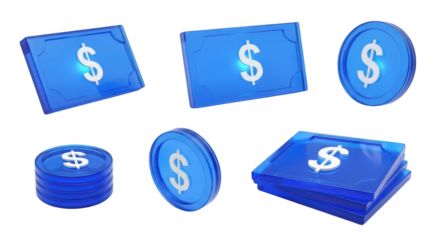 Blue acrylic dollar bills & coins floating against white background symbolizing finance wealth transactions & online payments