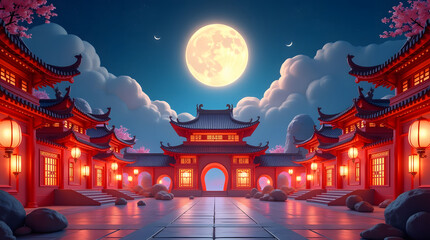 Night themed Mooncake festival banner illustration. To commemorate and celebrate the end of the autumn harvest ambience with Red Chinese building and moon with starry night as background.