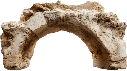 Fragment of an old stone arch, weathered and eroded, light limestone, isolated on Transparent background