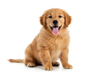Joyful golden retriever puppy sitting happily with tongue out, radiating pure canine delight and perfect for pet-related content