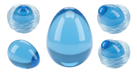 Rendered blue glass egg with wire nests isolated on a white background showcasing a transparent and symbolic design for Easter or design elements