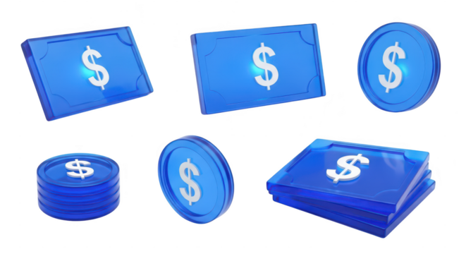Blue acrylic dollar bills & coins floating against white background symbolizing finance wealth transactions & online payments