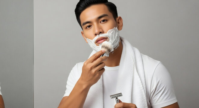 A handsome man's grooming routine, applying shaving cream with a brush while holding a safety razor. A classic concept for shaving products and male self-care.