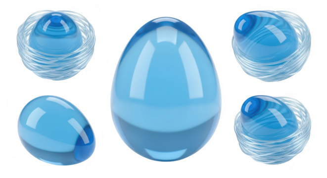Rendered blue glass egg with wire nests isolated on a white background showcasing a transparent and symbolic design for Easter or design elements