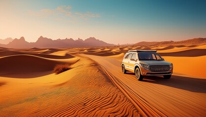 desert road journey rugged terrain lone vehicle golden dunes remote adventure