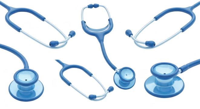 Multiple medical stethoscopes arranged on a white background creating a dynamic composition for healthcare and medical illustrations