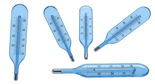 Multiple blue glass thermometers isolated on white showing temperature readings for medical healthcare and diagnostic purposes