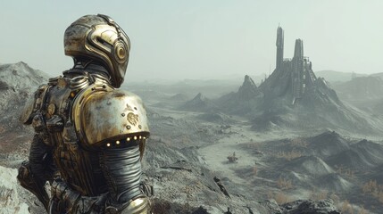 Naklejka premium Armored figure overlooks a bleak, desolate landscape with a distant futuristic city