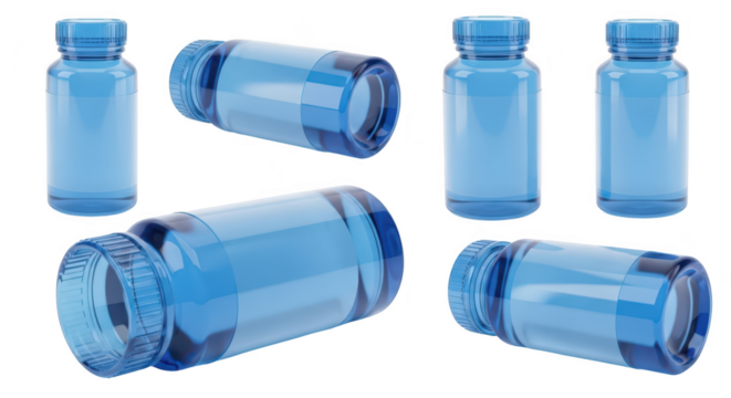 Blue transparent medicine bottles arranged in various poses on a white background likely for healthcare and pharmaceutical projects - Powered by Adobe