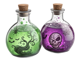 Spooky Halloween potions with skull and spider web create enchanting, eerie holiday vibes