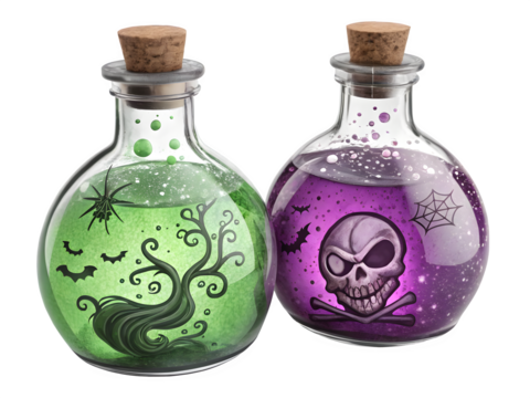 Spooky Halloween potions with skull and spider web create enchanting, eerie holiday vibes