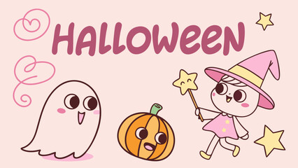 Obraz premium Halloween Cute Cartoon Card with Funny Characters and Festive Illustration