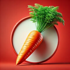 An illustration of a fresh orange carrot with lush green tops placed against a bold red background