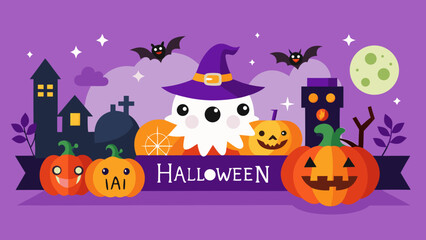 Happy Halloween Horizontal Banner with Cute Cartoon Vector Characters and Decorations