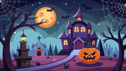 Happy Halloween Background with Spider Web and Spooky Elements
